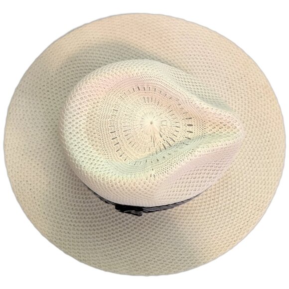 Men's White Panama Hat Woven Black & White Strip Vacation Summer Picnic Sun Hat - Picture 5 of 6